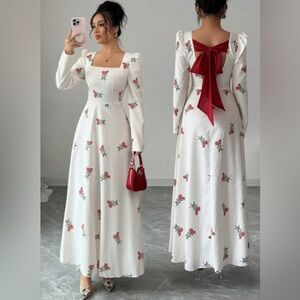 NEW| Women’s Plus Size Floral Elegant Square Neck Long Sleeve Back Bow Dress
